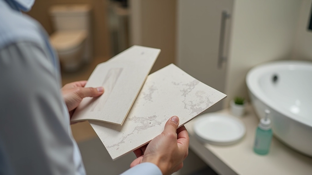 Professional bathroom designer showing water-resistant tile samples and material swatches to homeowner