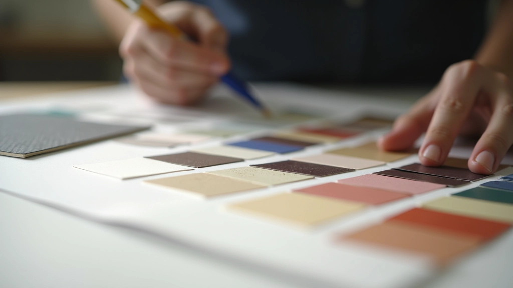 Color palette swatches and material samples arranged on designer workspace