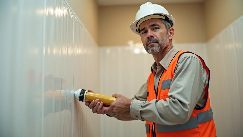 Close-up of waterproof membrane being applied to bathroom wall during renovation process