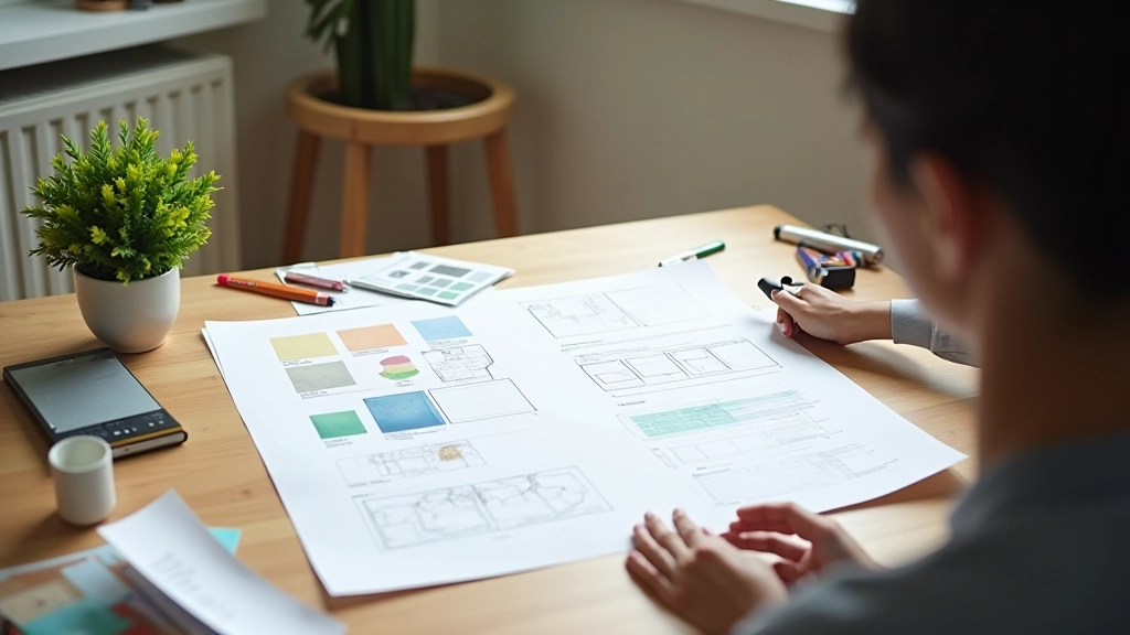 Interior designer workspace with design tools, sketches, and color swatches