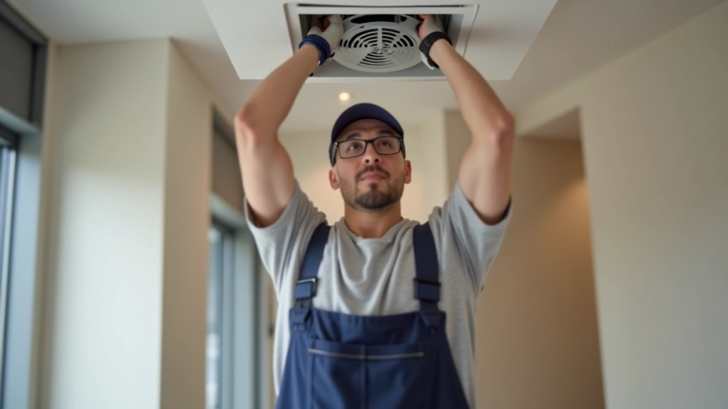 Modern ventilation system and exhaust fan installation in bathroom ceiling during renovation