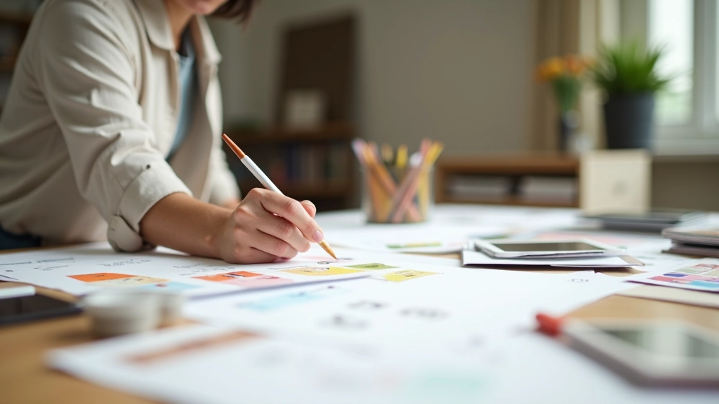 Interior designer sketching kitchen layout on paper with color swatches and measurement tools