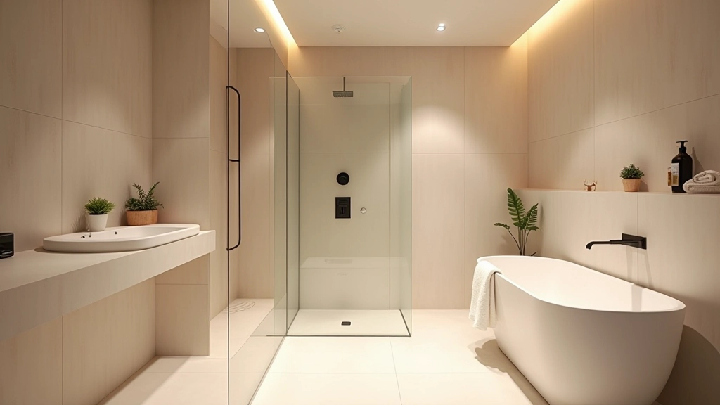 Bathroom renovation project with modern fixtures and neutral tile work
