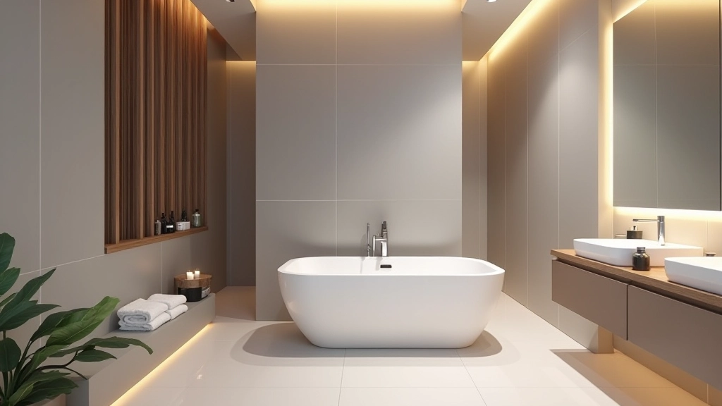 Luxurious bathroom with soaking tub, neutral tile work, and ambient lighting