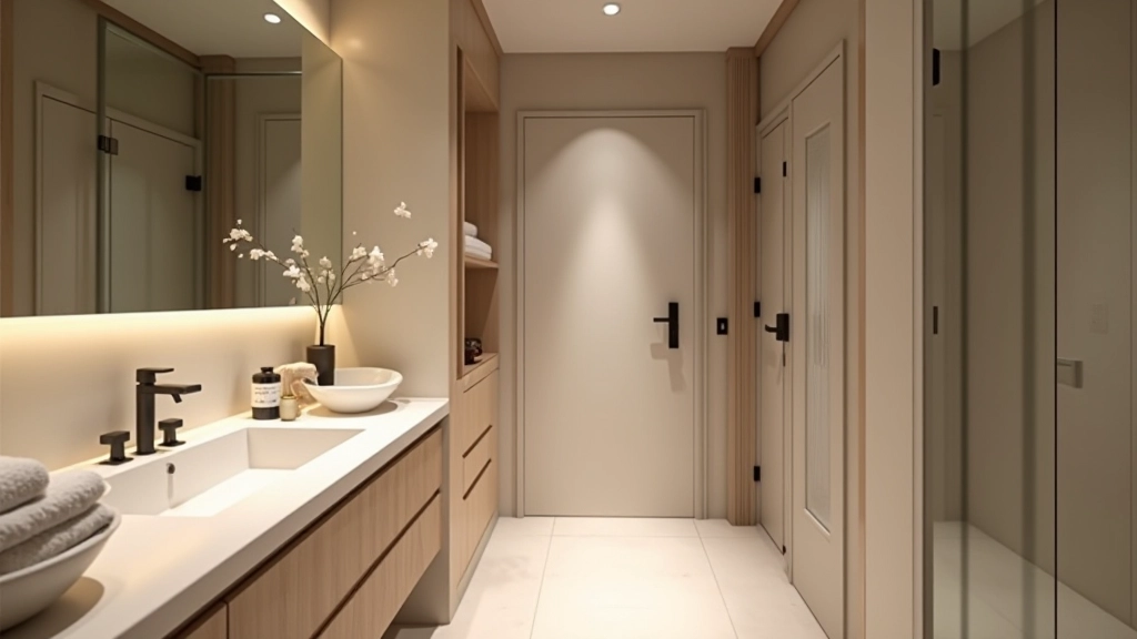 Modern bathroom interior featuring well-organized storage, layered lighting, and finished design details