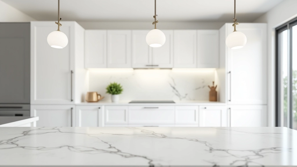 Modern kitchen interior with white cabinetry, marble countertops, and contemporary lighting design