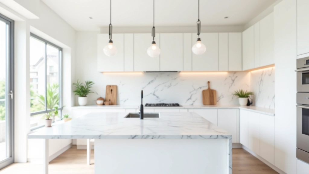Modern kitchen with white cabinetry, marble countertops, and pendant lighting fixtures